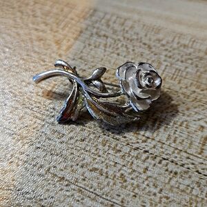 Vintage dainty silver and white enamel rose pin brooch